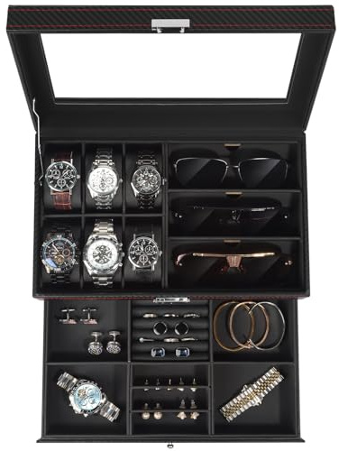 Boite a Bijoux Homme, Rangement Montres et Lunettes avec Grand Couvercle en Verre, 6 Emplacements et 2 Niveaux, Coffret Montre, Boîte à Montres avec Serrure, boite a montre homme, Idée Cadeau -Noir