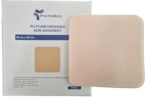 PintoMed - Pansement Mousse PU Non Adhésif Stérile sans Bordure 20cm x 20cm boite de 5 pansements. Absorbant. Pour le traitement des plaies chroniques et aiguës.