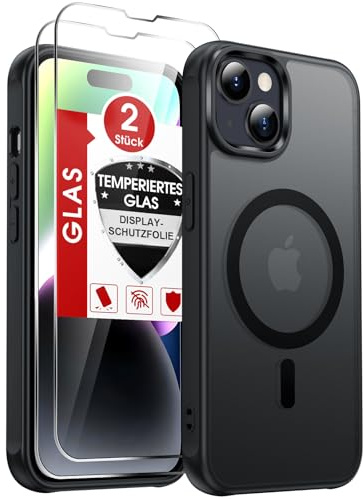 LeYi für iPhone 14 Hülle für Magsafe mit 2X 9H Panzerglas-Schwarz | Handyhülle Ultra Dünn Magnetisch Schutzhülle Schutzglas Matt Transluzent Stoßfest Case Cover für i Phone iPhon 14