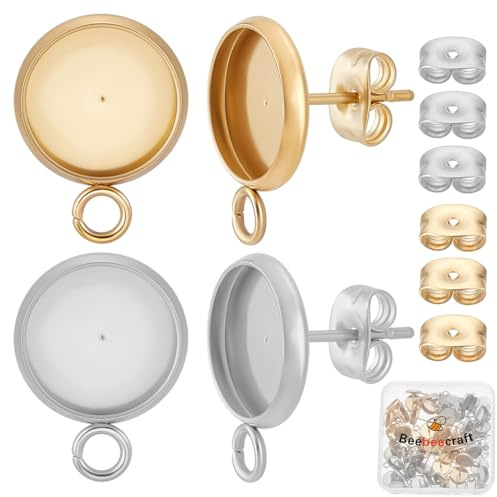 Beebeecraft 48 Stück Rohlingen Für Die Schmuckherstellung 18K Vergoldet 304 Ohrstecker Aus Edelstahl Cabochon Fassungen Mit Öse Für Die Schmuckherstellung