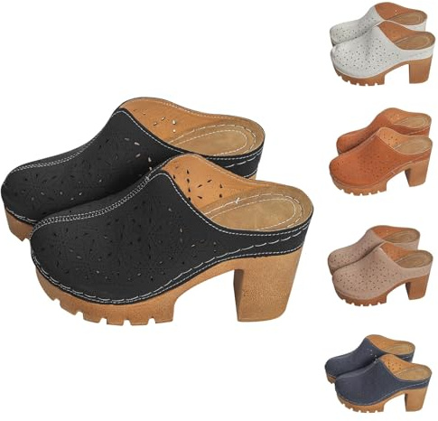 Zoccoli e pantofole da donna in pelle, comodi sandali da donna con tacco, scarpe chiuse, con plateau e tacco alto, antiscivolo, ciabatte estive eleganti, Nero , 38 EU