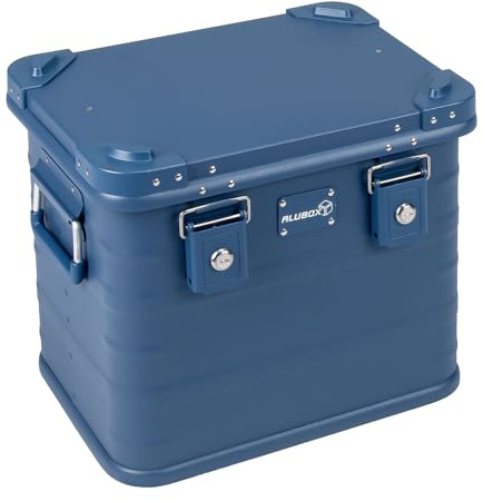Alubox Alukiste abschließbar E31-BLUE - Premium Aluminium Werkzeugtruhe 31 Liter - Deckel mit Aluminium Druckguss Stapelecken und Gummidichtung - inklusive Schlösser - pulverbeschichtet blau