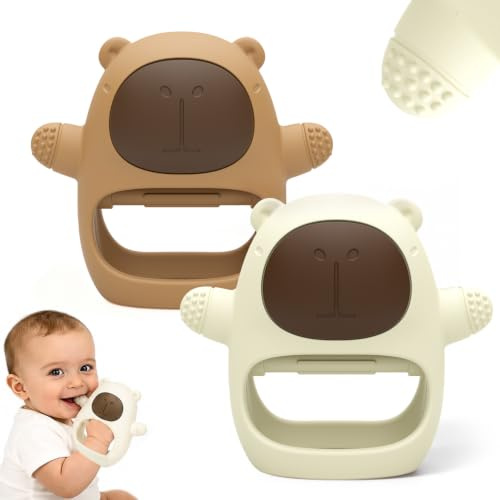 2 Pack Baby Teething Mitten Toys, Silicone Teethers for Babies 3+ Months | BPA Free, Easy Grip Handle, Textured, For Boys Girls，Capybara Design