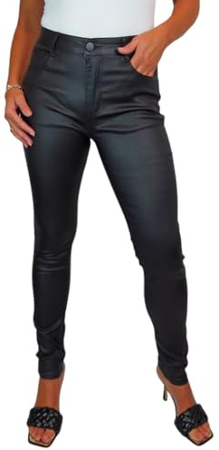 icecoolfashion Women's High Waist Stretch Leather Look Jeans Ladies Skinny Coated Jean Trousers with Pockets Black 10-22 (16)