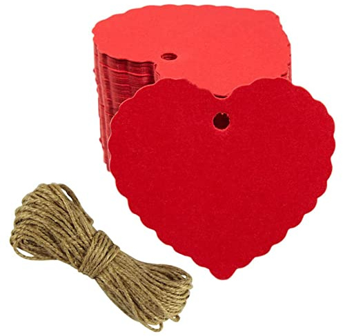 EDGEAM 200Stk. Herz Etiketten Anhänger Kraftpapier Tags Geschenkanhänger Papieranhänger Juteschnur Weihnachten Geburtstag Hochzeit Party DIY Basteln Deko (Rot)