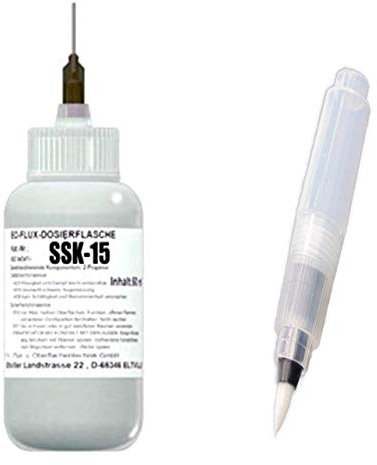 EO-Flux-Dosierflasche FF-SSK-15, Plus EO-Compact-Flux-Pen (3 ml, unbefüllt), No-Clean Elektronik-Flussmittel 15,0% Feststoff, 50 ml Inhalt, Dosiernadel aus Teflon