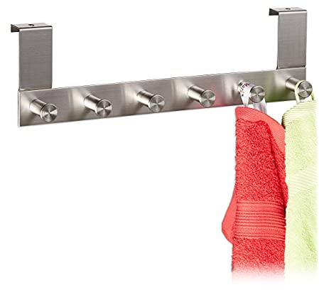 Relaxdays Türgarderobe, Kleiderhaken aus Edelstahl, mit 6 Haken, Türen bis 1,8 cm, Türhakenleiste zum Einhängen, silber, 11 x 38 x 5.5 cm
