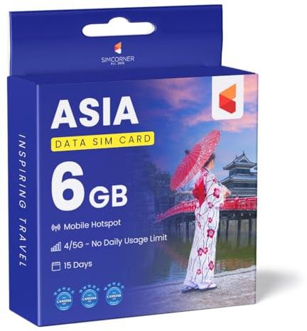 SimCorner Asia Travel SIM Card (6GB, 15 Days) - 3-in-1 Data SIM: Standard, Micro, Nano Compatible w/Unlocked Phones - Prepaid Hotspot/Tethering SIM for Travel