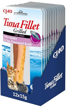 INABA Ciao Tuna Fillet, Friandise pour Chats, Crabe Extra Tendre, 12x15g | Filet de Thon Grillé et Bouillon Aromatisé, Snack Tendre et Humide, Pêché en Haute Mer, Ingrédients Premium, Sans additifs