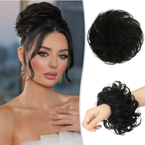 RUWISS Unordentlicher Haarteil 100% Echthaar Rose Dutt für Frauen Echthaar Scrunchies Hochsteckfrisur Haarteile Gelockt Bun Verlängerung（Natürl Schwarz）