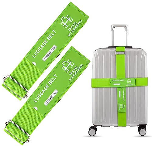 HONZUEN Kofferband Gurt Set - Koffergurte 2 Stück, Kofferband Auffällig Extra Lang 1,8 m & 2,2 m, Verstellbares Koffer Gurtband, Luggage Strap mit Metallschnalle und Adressschild, Grün