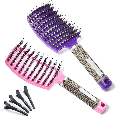 Lictin 2 Stück Haarbürste ohne Ziepen, Haarbürste für Damen, Herren & Kinder, Haarbürste Wildschweinborsten für Locken & Lange Haare, Natur Antistatisch Entwirrbürste mit 4PCS Haar Klammer, Rosa+Lila