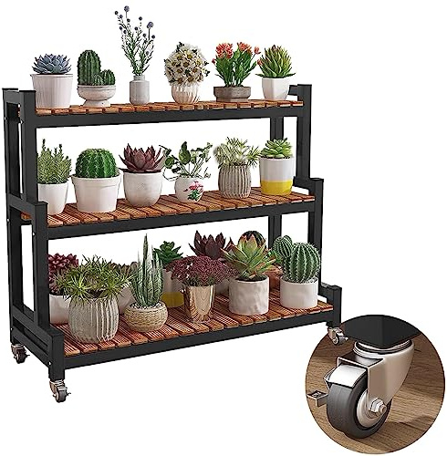 LIGUOYI Pflanzentreppe Blumentreppe Aus Metall Mit Rollen, 2, 3 Ebenen Blumentopf Ständer Platzsparend Blumenregal Pflanzenregal Für Indoor Outdoor Garten Balkon, Organizer Regal Schuhregal