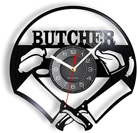 OTKU Pendule Murale Silencieuse 30cm Boucher Vinyle Horloge Murale Cuisine Couteau Poulet Saucisse Gravée Vintage Wall Watch Cadeau Viandes Porc Stall Décor