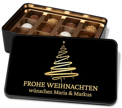 True Statements Elegante Pralinendose personalisiert „FROHE WEIHNACHTEN“ mit Weihnachtsbaum-Motiv - 12 Confiserie-Pralinen in Metalldose – Schoko Weihnachtskarte - Geschenk zum Weihnachtsfest