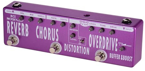 Gitarr multieffektpedal, RC5 6-i-1 gitarr multieffekter pedal reverb + + distorsion + overdrive + booster + buffert helmetallskal med äkta bypass