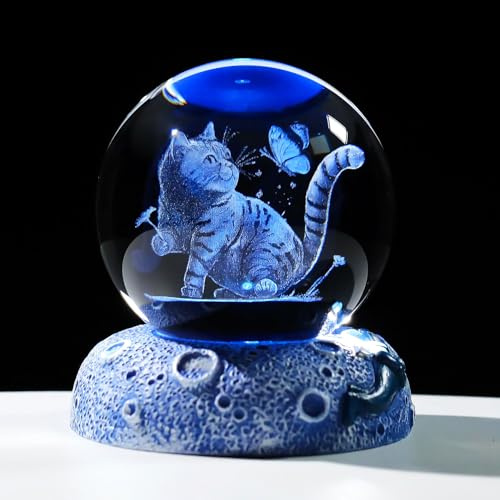 Movdyka 3D Cat Butterfly Figurine 2.36in Crystal Ball Gifts for Women Girls | Cat Themed Glass Sphere Gifts for Mum Girlfriend, Space Light Base, Kitty Lovers Keepsakes Ideas, Christmas Home Ornaments