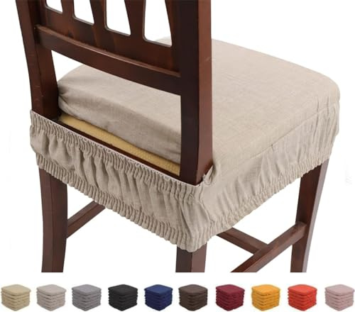 Russo Tessuti Set 6 Cuscini Sedia Coprisedia Imbottiti Vesto Molla Loneta Elastico Tinta Unita -Beige