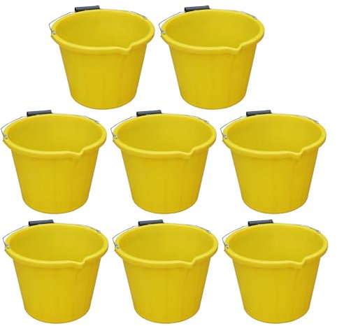 [SET OF 8] - Yellow Colour Plastic Builders Bucket 3 Gallon 14 LITRE Water Mixing Storage Bucket with Handle and Spout Perfect for Cleaning & Animal Feed – Made In UK