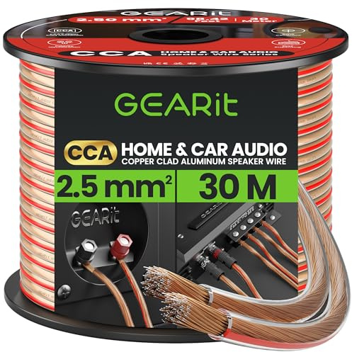 GEARit 2x2.5mm² Speaker Cable 30M, 14AWG Twin Core Speaker Wire with Polarity Markings, Flexible CCA Copper Clad Aluminum Audio Cable for In-Wall Home Home Cinema, HiFi & Car Stereo - Clear