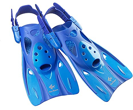 Reef Tourer Snorkel Fins for Kids and Adults, Adjustable Open Heel, Compact Short Blade Swimming Snorkeling Flippers, Travel Size, Blue, Large, RF0106P