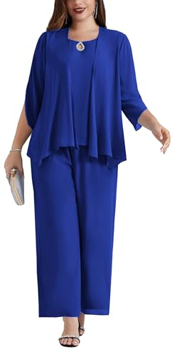 Hanna Nikole Conjunto de traje de noche elegante para mujer de tallas grandes, conjunto de muselina, 3 piezas, elegante, para fiesta y cóctel, incluye camisa y pantalón de alta cintura, azul oscuro
