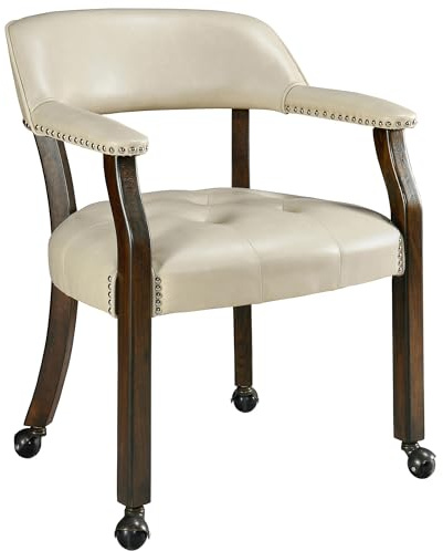 MODERION Große Esszimmerstühle mit Rädern und Armlehne, Chefsessel mit Massivholzbein, Schreibtischstühle mit Knopfpolsterung, klassischer Freizeitdrehstuhl, 80cm H, Bein braun (Beige)