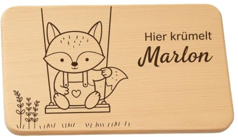 DwieDeko - Personalisiertes Frühstücksbrettchen für Kinder - Holzbrettchen mit süßem Fuchs Motiv | Perfekt als personalisierte geschenke baby zur geburt für Jungen & Mädchen