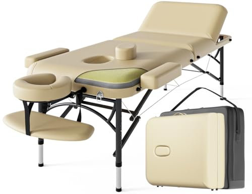 DOVANS Professionelle Massageliege, tragbar, 3-fach faltbar, Premium-Memory-Schaum, Aluminium-Bein, hält bis zu 500 kg, 8 Höhen, verstellbar, mit Tragetasche, Creme