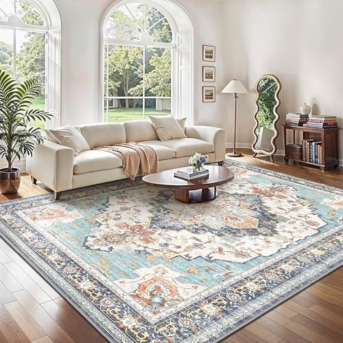 GENIMO Boho Vintage Wohnzimmer Teppich 160x230CM, Waschbar rutschfest Kurzflor Carpet für Schlafzimmer, Esszimmer oder Büro, Stilvoller Teppich