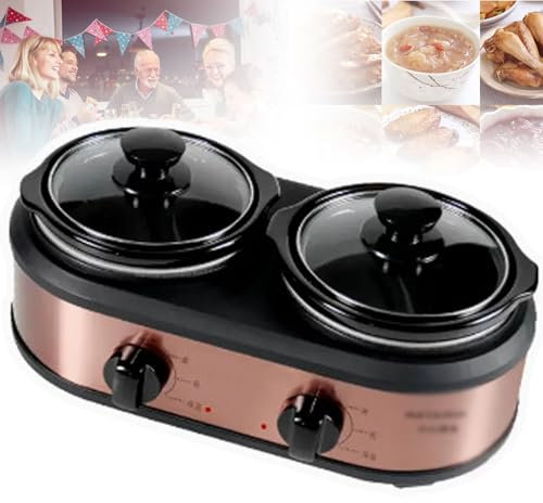JMbpkduHs Olla De Cocción Lenta 2 En 1, Calentador De Alimentos De Olla De Cocción Lenta Doble De 2 Ollas, Gran Capacidad De 1,2 L X 2, 3 Niveles Ajuste De Calor, Olla De Barro Pequeña Portátil