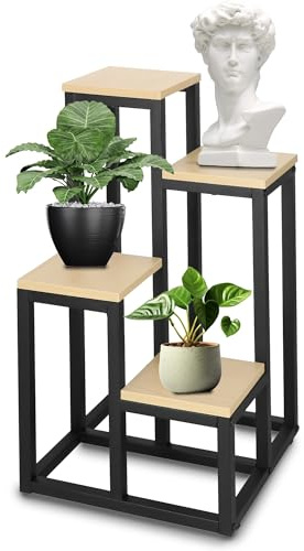 SPRINGOS Pflanzenständer Metall 5 Ebenen Blumenregal Blumentreppe Loft-Stil Schwarz & Holzoptik 105,5 cm