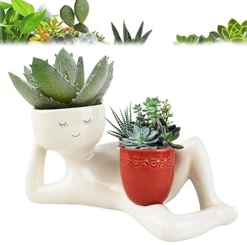 Generisch Lazy Guy Pflanzgefäß, 2025 Lustiges Pflanzgefäß, Lazy Little Character Blumentopf, Entspannende Person hält Topf-Pflanzgefäß für Sukkulenten,Heim- und Gartendekor (Rot)