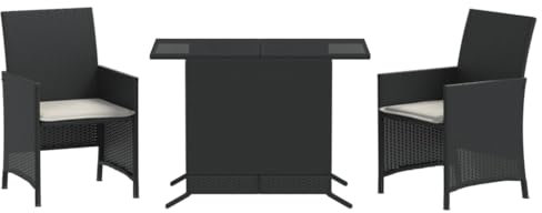 Eleganz 3-TLG. Bistro-Set Schwarz PE-Rattan mit Kissen - Gartenmöbel aus pulverbeschichtetem Stahl & Hartglas - Langlebig & Stilvoll für Terrasse & Balkon