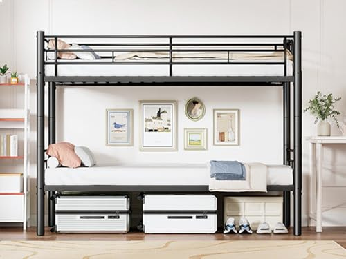 Genérico litera de Hierro 90 x 200 cm, Desmontable 2 en 1, con guardaespaldas y Escalera Antideslizante, Ahorro de Espacio para Dormitorio Adolescente y Adulto (Negro-Normal)