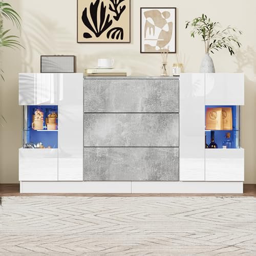 Buffet Generic 140 x 35 x 75 cm Blanc et Gris Marbre, 2 Portes, 3 Tiroirs, Éclairage LED, Aspect Marbre Gris, Finitions Mates et Brillantes, Installation Facile