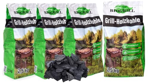 BIOGRILL Grill Holzkohle 10 kg (4 Packungen je 2,5 kg) aus Buche/Eiche/Esche – BBQ Kohle für Holzkohlegrill, Steakhouse – Premium Qualität, Hartholz Grillkohle für Perfektes Grill, Charcoal