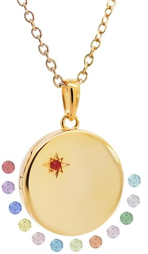 Damen Medaillon Kette Gold mit Geburtsstein (Silber 925 vergoldet) | Medallion zum Öffnen für Bilder personalisiert mit Gravur und Foto Upload Service | Schmuck Geschenk Frauen Freundin Geburtstag