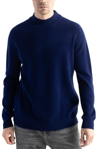 Chanyarn Maglione da uomo, 100% lana merino, prima linea, pronto da indossare, collo alto, maniche lunghe, senza cuciture, blu navy, L