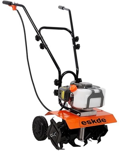 eSkde Petrol Rotavator - 43cc 2-Stroke Mini Tiller with 6 Steel Blades for Soil Aeration, Weeding & Bed Preparation, Compact Garden Cultivator - Adjustable Handle Rotary Cultivator Garden Tool