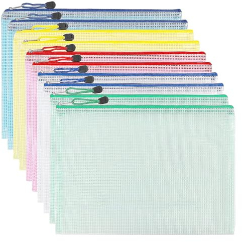 Pochette Document Zippée A4,Pochette Zippée 5 Couleurs PVC Transparentes Document Dossier,Mesh Zipper Pouch pour Voyage,pour Bureau,Voyage, Fournitures(10PCS)