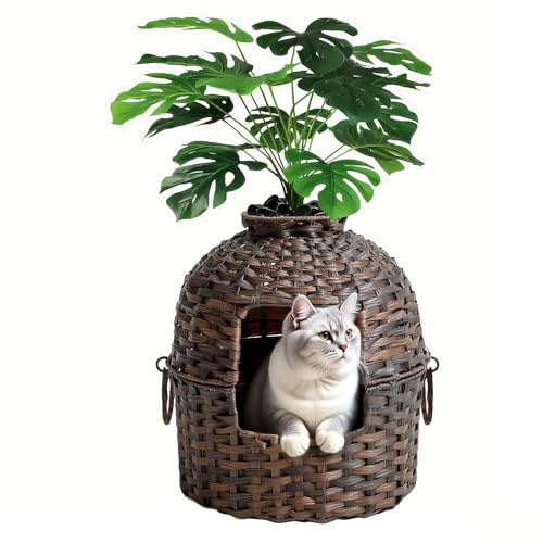 LEEJARD Versteckte Katzentoilette XXL im Blumentopf-Design – Große Katzenklo Höhle mit Kunstpflanze & Aktivkohlefilter – Robustes PE-Rattan Katzenmöbel für Wohnzimmer & Schlafzimmer