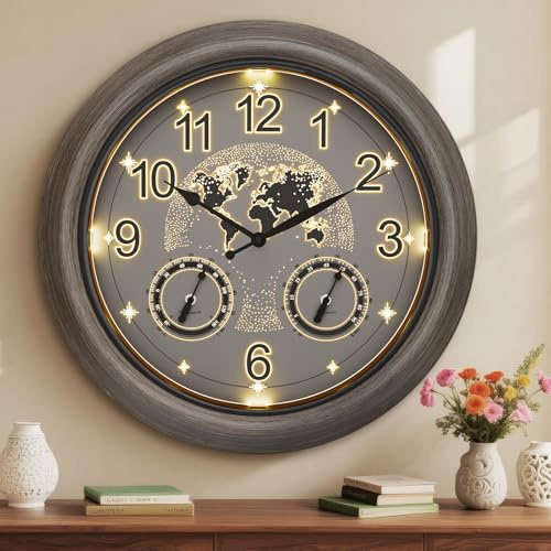 Outdoor Clocks for the Garden, 18 Inch (45cm) Illuminated Outdoor Wall Clock with Automatic Light Sensor, Star World Map Design, Large Waterproof Metal Garden Clock with Thermometer & Hygrometer
