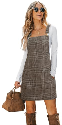 CUPSHE kvinnor manchester fyrkantig hals bred rem höst overall miniklänning, Brun pläd, XL