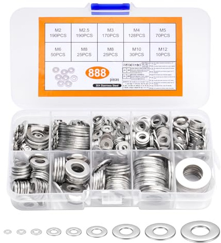 888 Stück Edelstahl Unterlegscheiben Set, Edelstahl Beilagscheiben Set, Karosseriescheiben Sortiment, Flach Unterlegscheiben Edelstahlscheiben Sets für Schrauben, M2 M2,5 M3 M4 M5 M6 M8 M10 M12