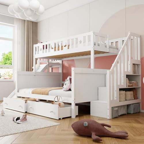 EURHCIO Lit Superposé Enfant 90/140x200cm,Lit Superposé 3 Places avec Toboggan,2 Tiroirs,Escalier de Rangement,étagères,pour Enfants Ados (Blanc,90/140)