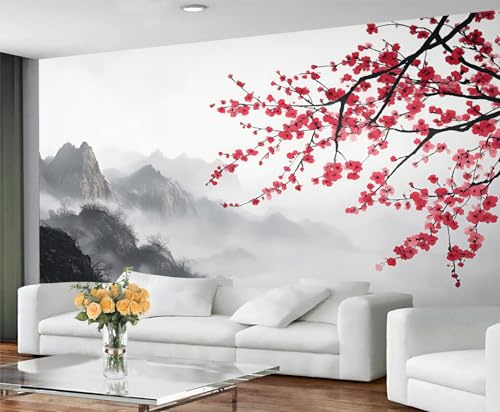 GIVLWF Japanische Wohnzimmer-Tapete, rotes Blumenmotiv und Wanddekoration, Retro-Malerei-Tapete für Schlafzimmer, nicht selbstklebende Tapete und Wandbild