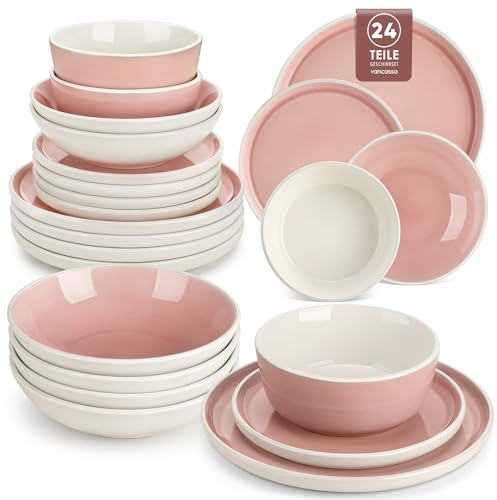 Tafelservice 6 Personen, vancasso ELBA 24tlg Geschirrset Steingut, modernes Geschirr Rosa Schüssel- und Teller Set, Ess Kombiservice mit je 6 Speiseteller, Salatteller, Suppenteller und Schalen