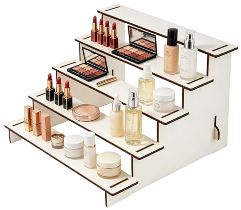 LEIMEND Espositore per Profumi in Legno Espositore a 5 Ripiani Smontabile Adatto per Bagno Camera da Letto e Soggiorno Espositore a Gradini (Bianco 30 x 27,5 x 19 CM)