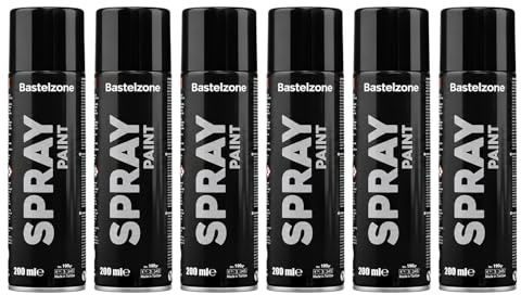 Bastelzone Set di 6 bombolette spray da 200 ml per graffiti, ad asciugatura rapida, per legno, pietra, metallo, vetro, nero, bianco, blu, verde, rosso, giallo (6 x nero)